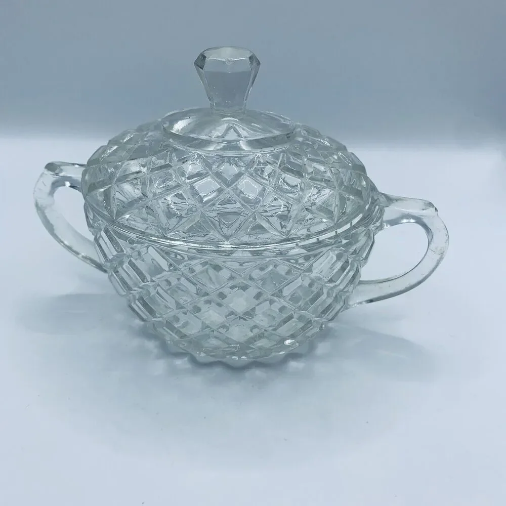 Anchor Hocking Waterford Waffle Cut Crystal Sugar Bowl with Lid 1938-1944 Oval